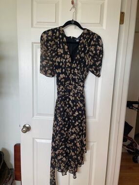 Tommy Hilfiger Black Midi Wrap Dress with Beige Floral Pattern